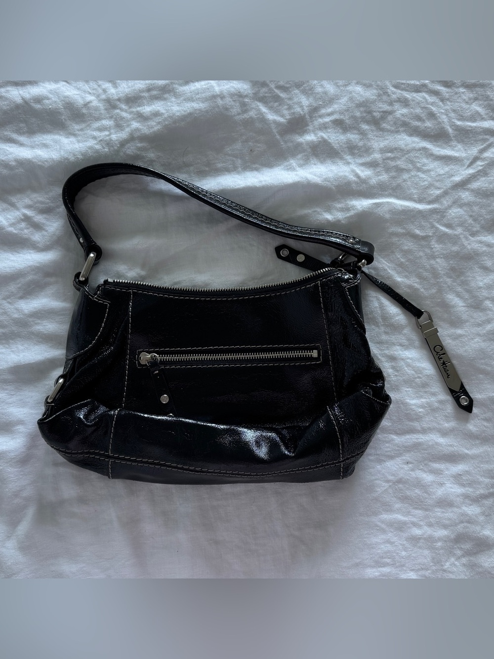 Cole Haan Black Patent Leather Shoulder Bag with Front Zip